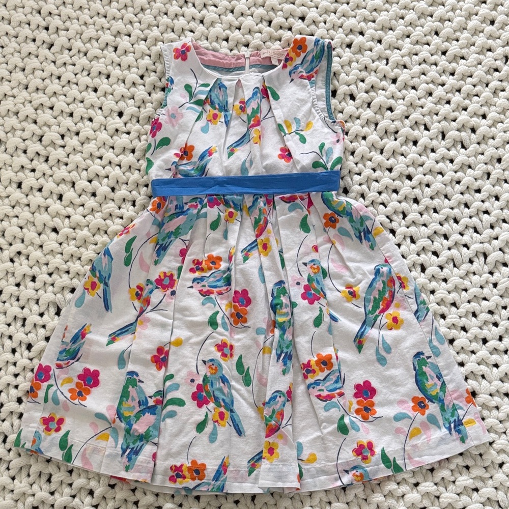Mini Boden Colorful Bird and Floral Print Dress with Blue Belt